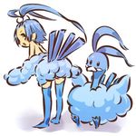 :o altaria antenna_hair back bird blue blue_hair blush_stickers costume gen_3_pokemon hitec looking_back moemon personification pokemon pokemon_(creature) tail thighhighs topless 
