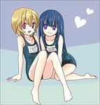  blonde_hair blue_hair furude_rika heart higurashi_no_naku_koro_ni houjou_satoko kneeling long_hair multiple_girls name_tag nyamomi one-piece_swimsuit purple_eyes red_eyes school_swimsuit short_hair sitting swimsuit 