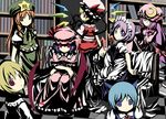  book bookshelf checkered checkered_floor cirno crescent dress everyone flandre_scarlet hat high_contrast hong_meiling izayoi_sakuya maid maid_headdress multiple_girls patchouli_knowledge pov remilia_scarlet ribbon rumia shiratama_dango siblings sisters star the_embodiment_of_scarlet_devil touhou wings 