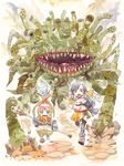  blue_eyes blue_hair eggru final_fantasy final_fantasy_crystal_chronicles fleeing green_eyes lilty malboro monster multiple_girls running selkie skirt staff traditional_media watercolor_(medium) 