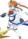  bow fingerless_gloves gloves lyrical_nanoha magazine_(weapon) magical_girl mahou_shoujo_lyrical_nanoha_strikers purple_eyes raising_heart red_bow red_hair sakurai_yuya solo takamachi_nanoha twintails waist_cape 