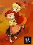  aki_minoriko aki_shizuha autumn barefoot blonde_hair dollar dress food fruit grapes hair_ornament hat leaf leaf_hair_ornament leaf_on_head multiple_girls red_dress red_eyes short_hair siblings sisters smile touhou 