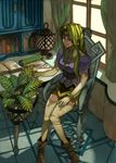  blonde_hair blue_eyes boots chair curtains earrings elbow_gloves gloves headband indoors jewelry knees_together_feet_apart lack lamp long_hair mystina plant pointy_ears quill scroll shelf sitting skirt solo table thigh_boots thighhighs valkyrie_profile window 