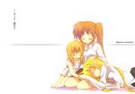  blonde_hair closed_eyes copyright_name fate_testarossa lap_pillow lyrical_nanoha mahou_shoujo_lyrical_nanoha_strikers multiple_girls sakugo side_ponytail sleeping takamachi_nanoha translation_request vivio 