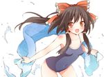  bare_shoulders black_legwear blue_swimsuit blue_towel bow brown_eyes colorized commentary_request competition_school_swimsuit daidai_ookami hair_bow hair_tubes hakurei_reimu highres leaning_forward long_hair looking_at_viewer one-piece_swimsuit open_mouth outstretched_arms peko simple_background smile solo spread_arms swimsuit touhou towel water 