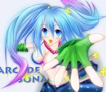  arcade_sona blue_eyes blue_hair blush bra breasts character_name cleavage collarbone error fingerless_gloves fingernails gloves gradient_hair hair_ornament jewelry large_breasts league_of_legends long_hair midriff multicolored_hair navel necklace open_mouth purple_bra purple_hair solo sona_buvelle star underwear zepros0 