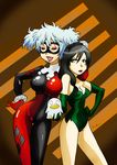  2girls batman_(series) black_hair bodysuit breasts dc_comics gintama harley_quinn leotard lipstick lychee_soda makeup mask multiple_girls poison_ivy white_hair 