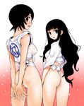  arms_behind_back ass black_hair ez6 from_behind fundoshi green_eyes hands highres hitou_nami itoshiki_rin japanese_clothes long_hair looking_back multiple_girls no_bra non-web_source red_eyes sayonara_zetsubou_sensei see-through short_hair sweat wet wet_clothes yamakasa 