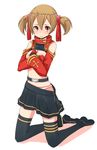  belt blush boots breasts brown_hair covering detached_sleeves fingerless_gloves gloves hair_ribbon medium_breasts nipples panties red_eyes ribbon short_twintails silica skirt skirt_pull solo sword_art_online tears thigh_boots thighhighs twintails underwear white_panties zukaketawagase 
