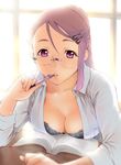  black_bra book bra breasts cleavage collarbone downblouse glasses hair_ornament hairclip large_breasts lips long_hair looking_at_viewer original parted_lips pen pink_eyes pink_hair ponytail sleeves_rolled_up solo sunlight table ueyama_michirou underwear 