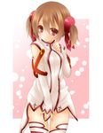  :t alternate_costume asuna_(sao) asuna_(sao)_(cosplay) blush brown_eyes brown_hair cosplay covering covering_crotch detached_sleeves hair_ornament hand_on_own_chest highres looking_at_viewer miko_92 no_pants pout red_eyes shirt_tug short_hair short_twintails silica skirt solo sword_art_online thighhighs twintails white_legwear white_skirt zettai_ryouiki 