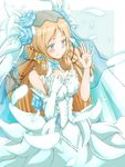  blue_eyes blush brown_hair dress elbow_gloves flower gloves hair_flower hair_ornament hair_tubes hand_on_own_chest jewelry long_hair margaret_(rune_factory) petals pointy_ears ring rune_factory rune_factory_4 single_glove smile solo suneo_(goten) wedding_dress 