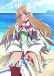  1girl aquila_yuna armor beach blonde_hair blue_eyes blush breasts cloud girl_on_top highres large_breasts legs long_hair looking_away lying lying_down ocean open_mouth pegasus_koga saint_seiya saint_seiya_omega sand sexually_suggestive sitting sitting_on_face sitting_on_person sky thighs water yadokari_genpachirou 