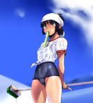  bandana black_hair blush broom brown_eyes cameltoe ez6 gym_uniform highres mouth_hold no_pants non-web_source one-piece_swimsuit original school_swimsuit shiny shiny_clothes shirt short_hair solo swimsuit swimsuit_under_clothes tied_shirt tupet wet wet_clothes wet_shirt 