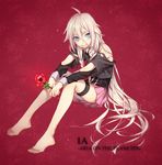  ahoge bare_shoulders barefoot blonde_hair blue_eyes braid character_name flower ia_(vocaloid) io_(sinking=carousel) long_hair red_background sitting skirt smile solo thigh_strap twin_braids very_long_hair vocaloid 