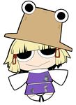  :&gt; animal blonde_hair chibi frog full_body hair_ribbon hat kneehighs long_sleeves looking_at_viewer moriya_suwako no_nose outstretched_arms ribbon shoes short_hair simple_background skirt skirt_set sleeves_past_wrists solo spread_arms touhou turtleneck ume_(noraneko) white_background white_legwear wide_sleeves 