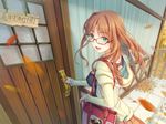  :d aqua_eyes autumn_leaves bag breasts brown_hair door drill_hair leaf long_hair medium_breasts open_mouth original otosume_ruiko sign skirt smile solo wind 