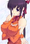  bare_shoulders black_hair breast_hold breasts covered_nipples crossed_arms detached_sleeves elbow_gloves final_fantasy final_fantasy_unlimited gloves hair_ribbon large_breasts lisa_pacifist long_hair nageringo ponytail purple_eyes ribbon solo 