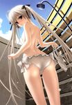  absurdres ass back bikini bikini_top_removed blue_sky breasts brown_eyes cloud cropped day from_below grey_hair hair_ribbon hashimoto_takashi highres kasugano_sora legs long_hair looking_back nipples parted_lips perspective ribbon scan shiny shiny_skin showering side-tie_bikini sky small_breasts solo swimsuit thighs topless twintails very_long_hair wet yosuga_no_sora 