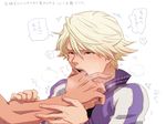  @@@ bad_id bad_pixiv_id blonde_hair blush finger_in_mouth ivan_karelin jacket letterman_jacket male_focus purple_eyes purple_jacket saliva sweat tears tiger_&amp;_bunny 