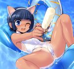  ;d animal_ears anus_cutout blue_eyes blue_hair blush cat_ears ez6 fake_animal_ears food holding ice_cream innertube lying non-web_source on_back one-piece_swimsuit one_eye_closed open_mouth original partially_submerged raft short_hair smile solo swimsuit tan tanline water white_swimsuit 