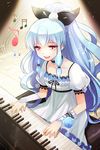  blue_hair bow collarbone dress frills grin hair_bow instrument linus_falco long_hair lowres musical_note open_mouth piano ponytail red_eyes ribbon shokill sitting smile solo sword_girls syokil very_long_hair wavy_hair wide_ponytail 