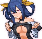  bare_shoulders blue_hair bow breasts detached_sleeves dizzy guilty_gear hair_bow kuroshin large_breasts red_eyes solo underboob white_background 
