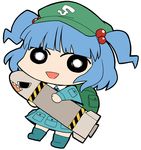  :d backpack bag bangs blue_dress blue_hair blunt_bangs boots chibi dress full_body hair_bobbles hair_ornament hat kawashiro_nitori long_sleeves looking_at_viewer missile no_nose open_mouth pocket simple_background smile solo standing touhou two_side_up ume_(noraneko) v-shaped_eyebrows white_background 