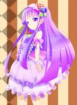  alternate_costume blue_flower blue_rose blush bra-cky flower hair_flower hair_ornament hairband highres long_hair patchouli_knowledge purple_eyes purple_hair red_flower red_rose rose skirt solo touhou 