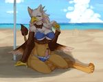  amber_eyes anthro avian beach beak bikini blue breasts censored claws cleavage clothed clothing dickgirl granoa gryphon ice_cream intersex looking_at_viewer midriff open_mouth outside penis public sand sand_castle sculpture sea seaside shioinu sitting skimpy sky solo sweat swimsuit tongue water wings 