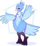  2019 3_toes anisodactyl anthro avian barefoot beak big_hands bird bird_feet blue_feathers bottomless clothed clothing eyeliner feathered_wings feathers female flat_chested logo makeup maws_(artist) multicolored_eyes shirt simple_background solo t-shirt thick_thighs toes tweetfur twitter wide_hips wings 