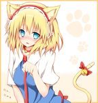  alice_margatroid animal_ears bell bell_collar blonde_hair blue_eyes blush border cat_ears collar fang hairband highres karamoneeze kemonomimi_mode looking_at_viewer necktie paw_pose short_hair simple_background solo touhou translated white_background 