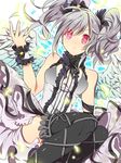  angel_wings bad_id bad_pixiv_id bare_shoulders black_legwear blush dress drill_hair gothic_lolita grey_hair hair_ribbon hashiko_(pecopom) idolmaster idolmaster_cinderella_girls kanzaki_ranko lolita_fashion long_hair looking_at_viewer red_eyes ribbon silver_hair skirt sleeveless solo thighhighs twin_drills twintails wings wrist_cuffs 