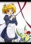  apron blonde_hair blush breasts choker copyright_request flower hands_on_own_chest large_breasts maid open_mouth pantyhose ribbon_choker short_hair solo taropun twintails yellow_eyes 