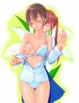  bare_shoulders black_hair blue_bra blue_panties blush bra breast_grab breasts brown_hair closed_eyes flower grabbing licking lily_(flower) lips long_hair medium_breasts multiple_girls nipples no_pants open_clothes open_shirt original panties pleated_skirt ponytail shirt short_hair skirt takatsuki_kahiro underwear yuri 