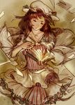  antiquewhite book capelet closed_eyes flying_paper hair_ribbon highres jewelry necklace open_book paper patchouli_knowledge ribbon sepia solo striped touhou tress_ribbon vertical_stripes wind 