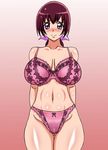  1girl adult bra breasts curvy female garugoa hair_ornament hair_ribbon hoshizora_ikuyo huge_breasts lace-trimmed_panties lace_bra lingerie long_hair mound_of_venus navel older panties pink_bra pink_panties ponytail precure pubic_hair purple_eyes purple_hair ribbon see-through simple_background smile_precure! solo standing thigh_gap thighs underwear 