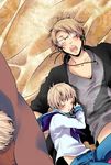  america_(hetalia) axis_powers_hetalia bed blonde_hair closed_eyes glasses male_focus multiple_boys samu. sealand_(hetalia) sleeping united_kingdom_(hetalia) 