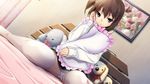  bed brown_hair game_cg hinasaki panties phone tagme_(character) thighhighs tsuisou_no_augment underwear 