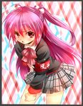  bow brown_eyes futaki_kanata hair_bobbles hair_ornament little_busters! long_hair nagare pink_bow plaid plaid_skirt purple_hair side_ponytail skirt solo 