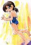  :d ass bad_id bad_pixiv_id bare_shoulders brown_hair doraemon flat_chest from_behind hoshino_fuuta looking_at_viewer looking_back looking_down minamoto_shizuka one-piece_swimsuit one_eye_closed open_mouth showering smile soles solo standing swimsuit toes water wet 