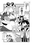  alice_margatroid bucket_of_chicken comic eating fat food fried_chicken greyscale hakurei_reimu kirisame_marisa midriff monochrome multiple_girls navel oasis_(magnitude711) stomach touhou translated yakumo_ran yakumo_yukari 