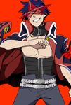  bad_id bad_pixiv_id belt blue_hair choker coat corset grin grktonly jacket_on_shoulders male_focus red_background shirtless simon smile solo star_shades tengen_toppa_gurren_lagann 