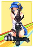  :t bag black_legwear blue_eyes boots brown_hair elbow_gloves fingerless_gloves gloves hat iname leg_up marie_(persona_4) no_panties persona persona_4 persona_4_the_golden skirt skirt_lift striped striped_legwear thighhighs white_legwear 