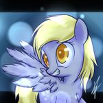  amber_eyes blonde_hair cutie_mark derpy_hooves_(mlp) echowolf800 equine female feral friendship_is_magic fur grey_fur hair horse looking_back mammal my_little_pony pegasus pony smile solo wings 