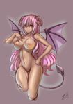  bat_wings blackmoon breasts dark_skin demon_girl demon_tail hand_on_hip hand_on_own_chest horns large_breasts long_hair nipples nude original pink_hair solo succubus tail very_long_hair wide_hips wings 