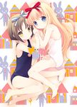  amae_koromo animal_ears bad_id bad_pixiv_id barefoot blonde_hair blue_eyes blush brown_eyes brown_hair bunny_ears hair_ribbon hairband hands_together kakura_kurumi long_hair looking_at_viewer multiple_girls one-piece_swimsuit ribbon saki school_swimsuit short_hair smile swimsuit tokumi_yuiko white_swimsuit 