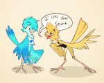  2019 3_toes anisodactyl anthro artkour avian barefoot beak bird blue_feathers bottomless clothed clothing duo eyeliner feathered_wings feathers female ideal_(character) logo makeup shirt simple_background speech_bubble t-shirt toes tweetfur twitter wings 