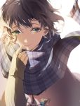  1girl adjusting_scarf bangs blue_scarf brown_capelet brown_hair closed_mouth commentary_request fringe_trim green_eyes hand_up long_sleeves looking_at_viewer original plaid plaid_scarf sakuragi_kei scarf short_hair simple_background sleeves_past_wrists smile solo upper_body white_background 