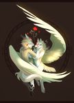  couple embrace eyes_closed female flower flying hair lingrimm long_hair male mammal paws rose simple_background wings wolf 